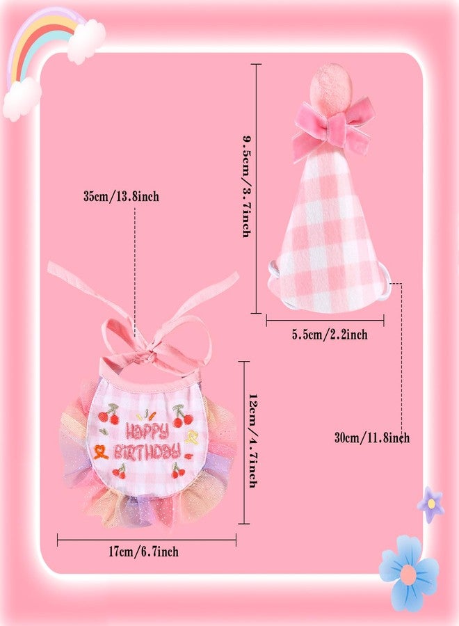 Kunyeah 2Pcs Pet Happy Birthday Hat Scarf Set - Cute Embroidered Cat Bandana Outfit - Cat Plaid Pattern Princess Costumes - Dog Lace Bib - Pet Party Supplies Decoration (Pink) - Image 3